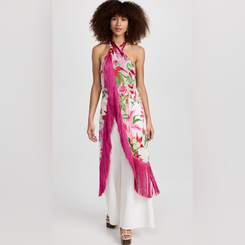 Cult Gaia Pink Floral Halter Dress with Fringe